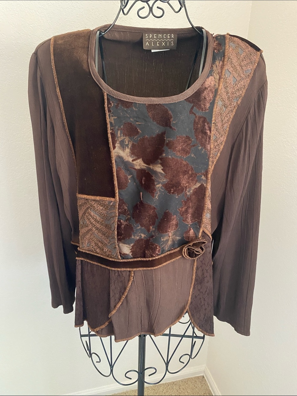Vintage Spencer Alexis Brown Mixed-Media Long Sleeve Top